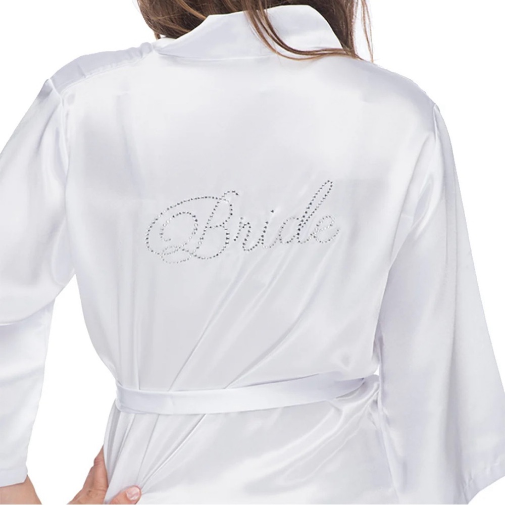 NEW Satin Rhinestone Bride Robe White NWOT Bridal Robe Classy Bride Silk… - Picture 3 of 10